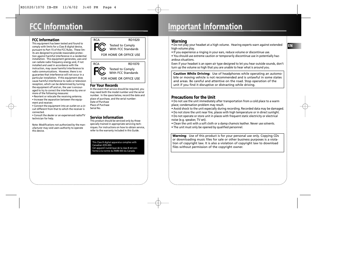 Important information fcc information | RCA 5567206A User Manual | Page 3 / 10