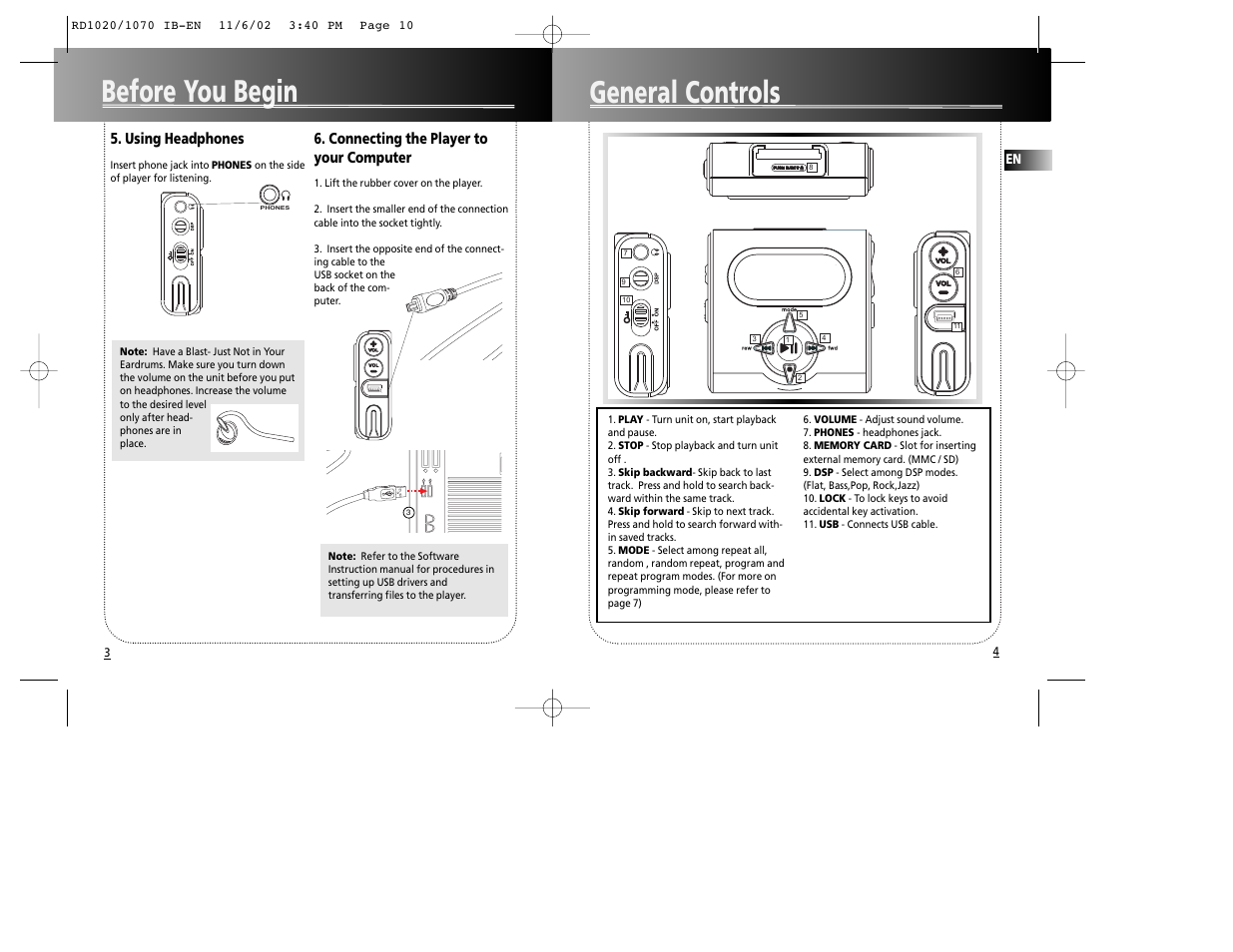 General controls, Before you begin, Using headphones | Connecting the player to your computer | RCA 5567206A User Manual | Page 6 / 10