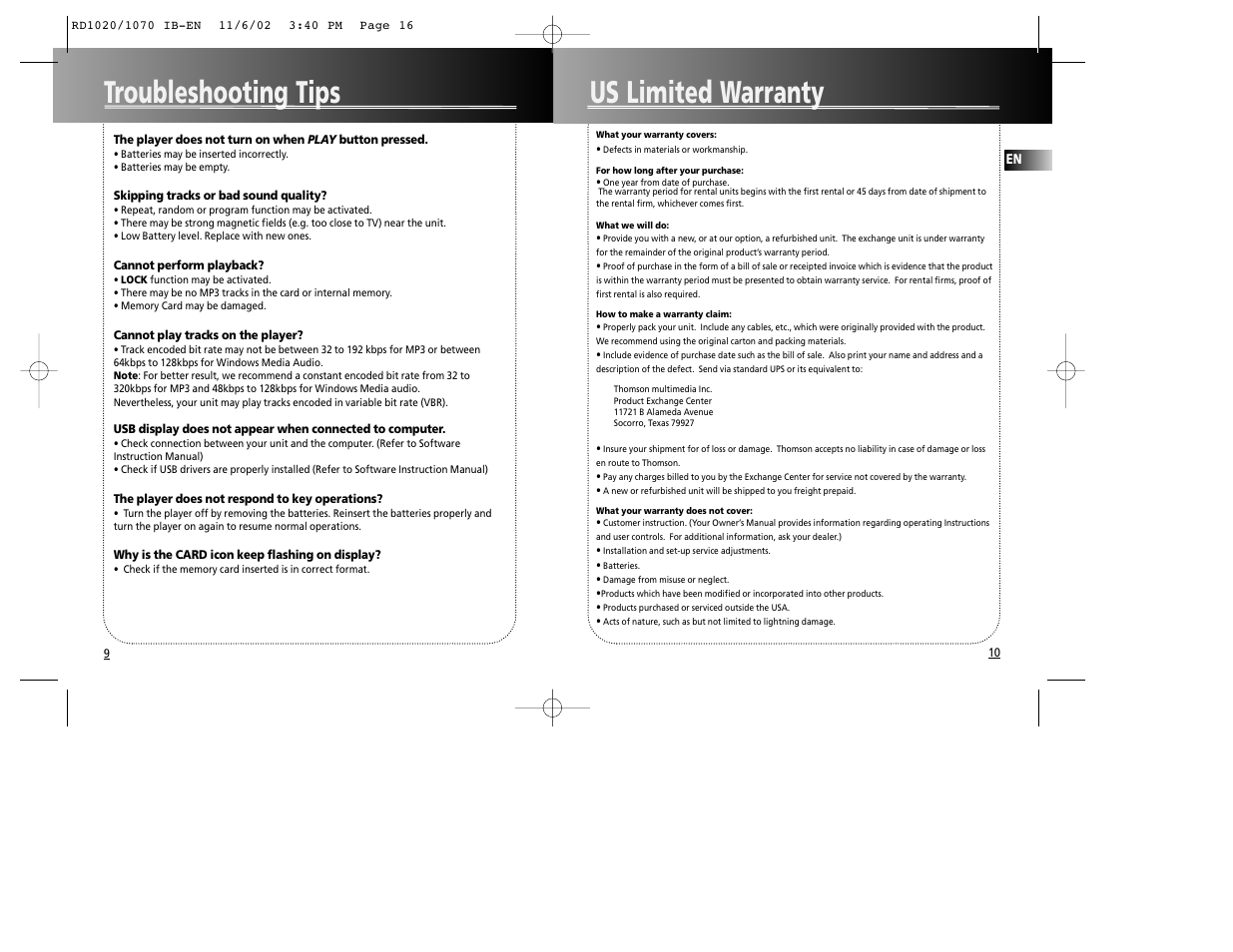 Us limited warranty, Troubleshooting tips | RCA 5567206A User Manual | Page 9 / 10