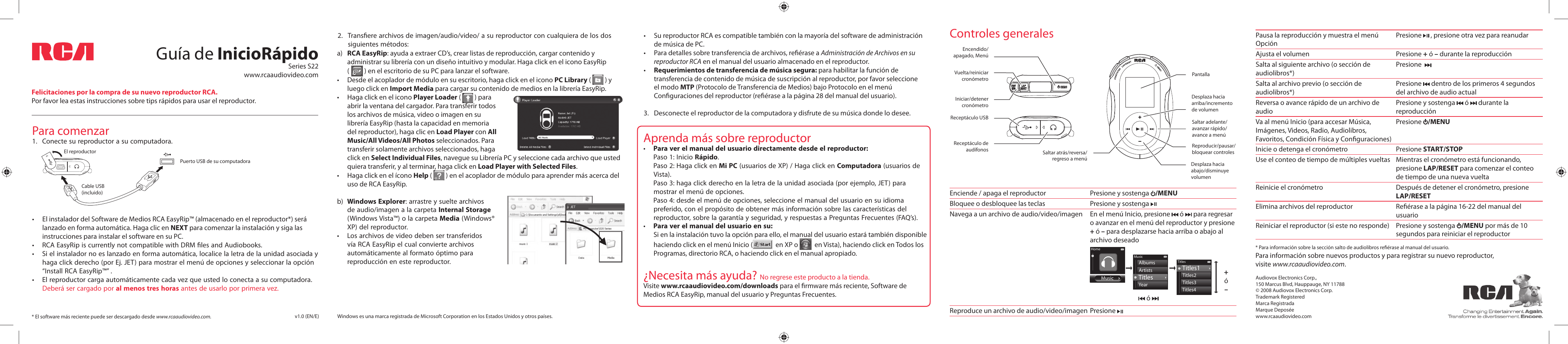 Guía de iniciorápido, Para comenzar, Controles generales | Aprenda más sobre reproductor, Necesita más ayuda | RCA S22 Series User Manual | Page 2 / 2