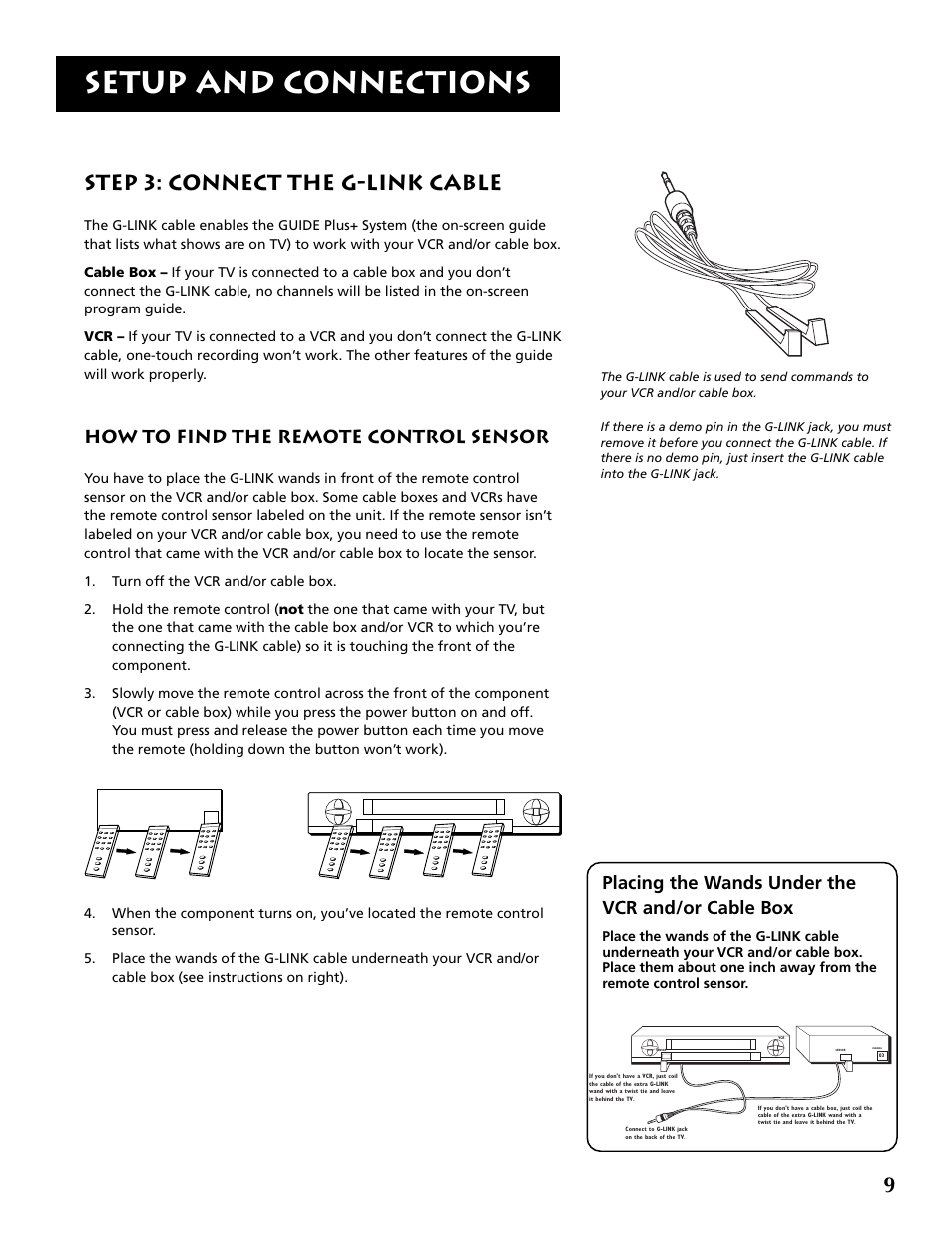 Setup and connections, 9step 3: connect the g-link cable, How to find the remote control sensor | Placing the wands under the vcr and/or cable box | RCA P52936 User Manual | Page 11 / 64