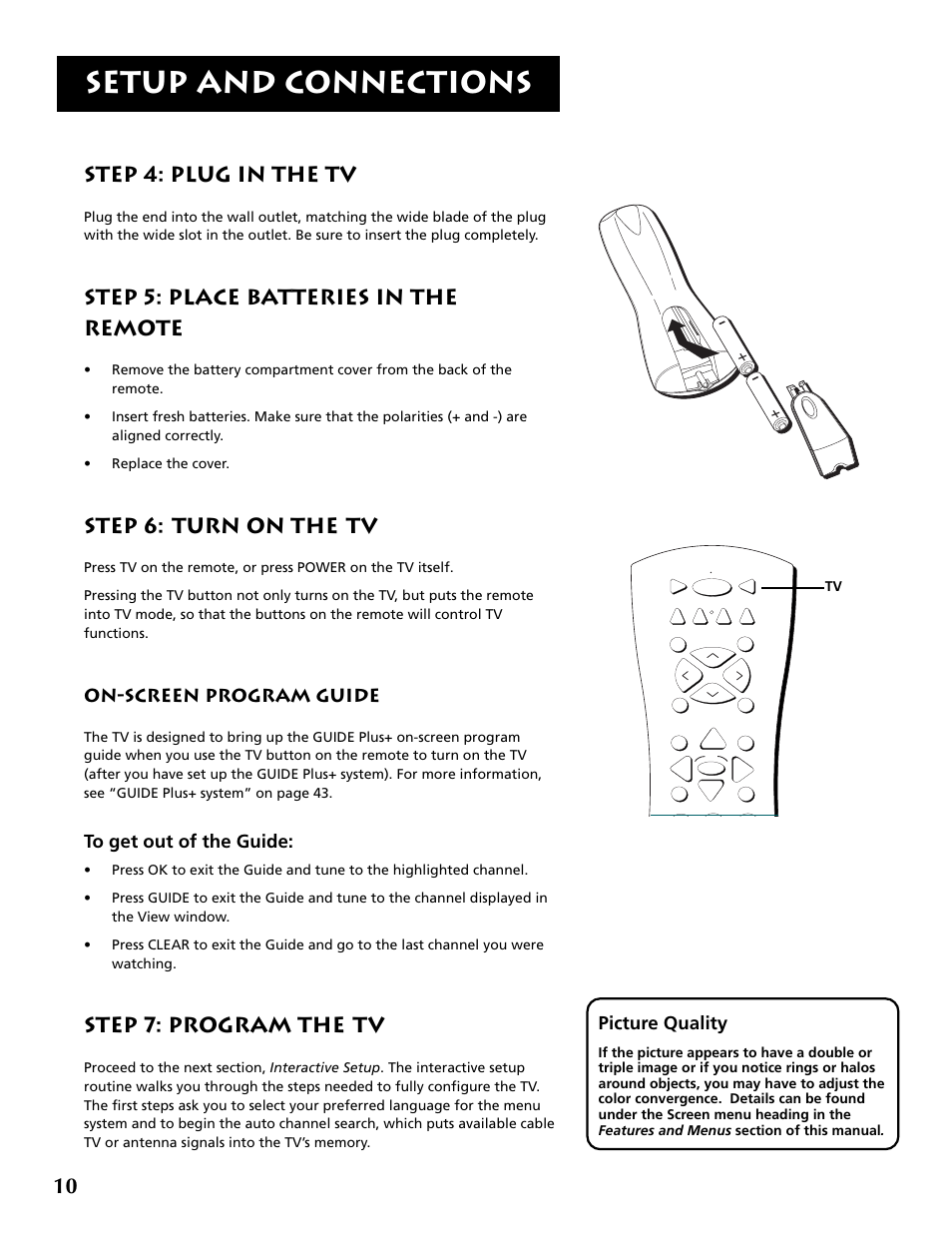 Setup and connections, Step 4: plug in the tv, Step 5: place batteries in the remote | Step 6: turn on the tv, Step 7: program the tv, Picture quality, On-screen program guide | RCA P52936 User Manual | Page 12 / 64