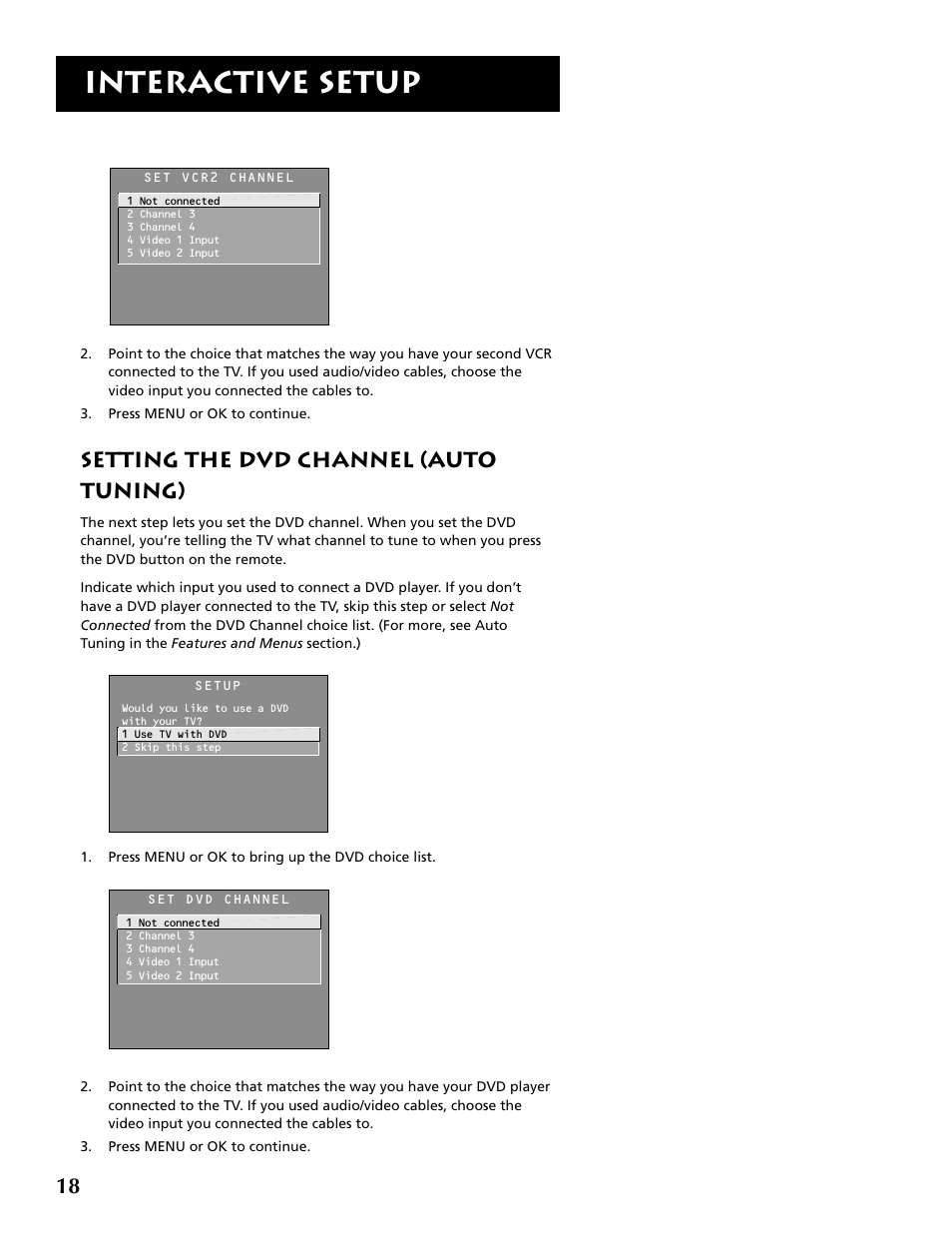 Interactive setup, Setting the dvd channel (auto tuning) | RCA P52936 User Manual | Page 20 / 64