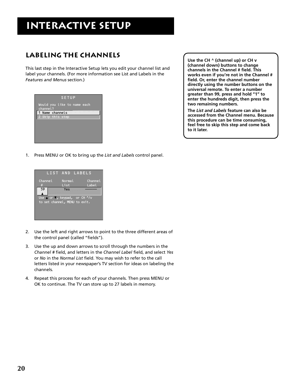 Interactive setup, 20 labeling the channels | RCA P52936 User Manual | Page 22 / 64