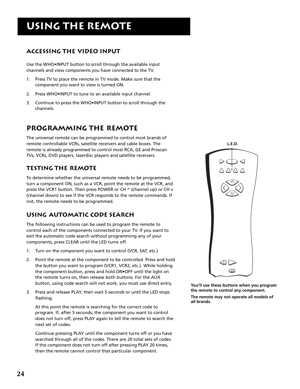 Using the remote, Programming the remote, Accessing the video input | Testing the remote, Using automatic code search | RCA P52936 User Manual | Page 26 / 64