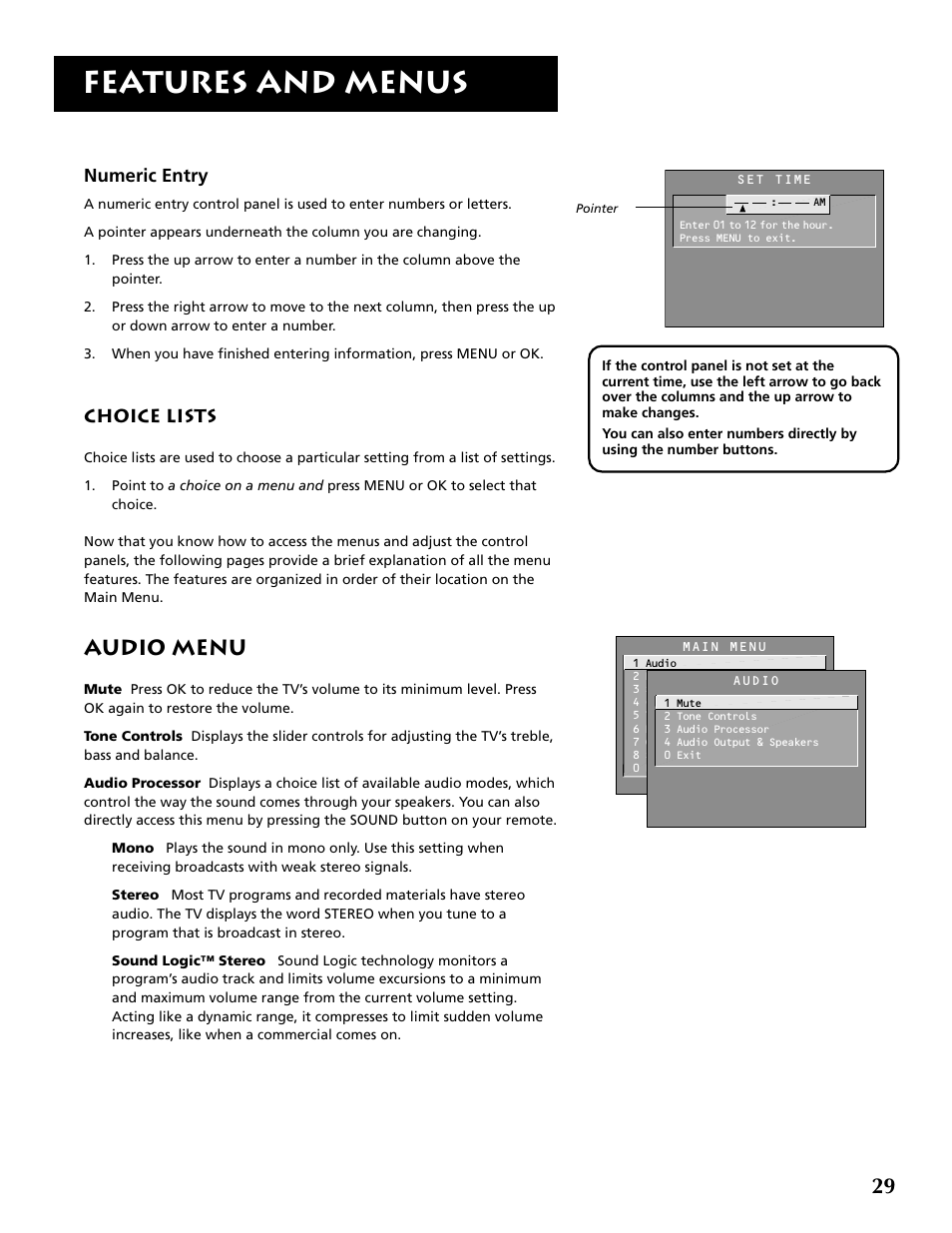 Features and menus, Audio menu, Numeric entry | Choice lists | RCA P52936 User Manual | Page 31 / 64