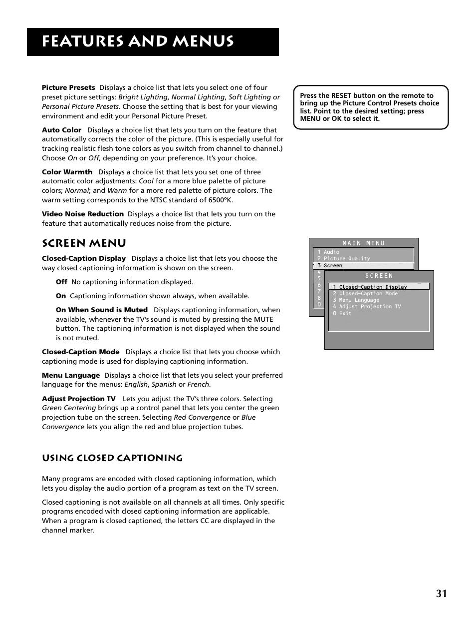 Features and menus, Screen menu | RCA P52936 User Manual | Page 33 / 64