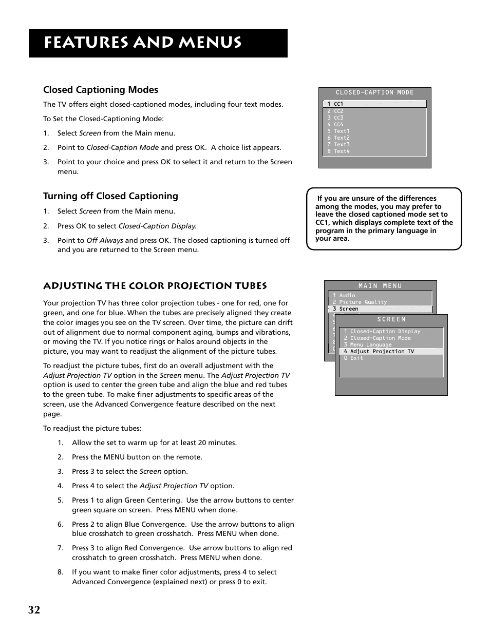 Features and menus, Closed captioning modes, Turning off closed captioning | Adjusting the color projection tubes | RCA P52936 User Manual | Page 34 / 64