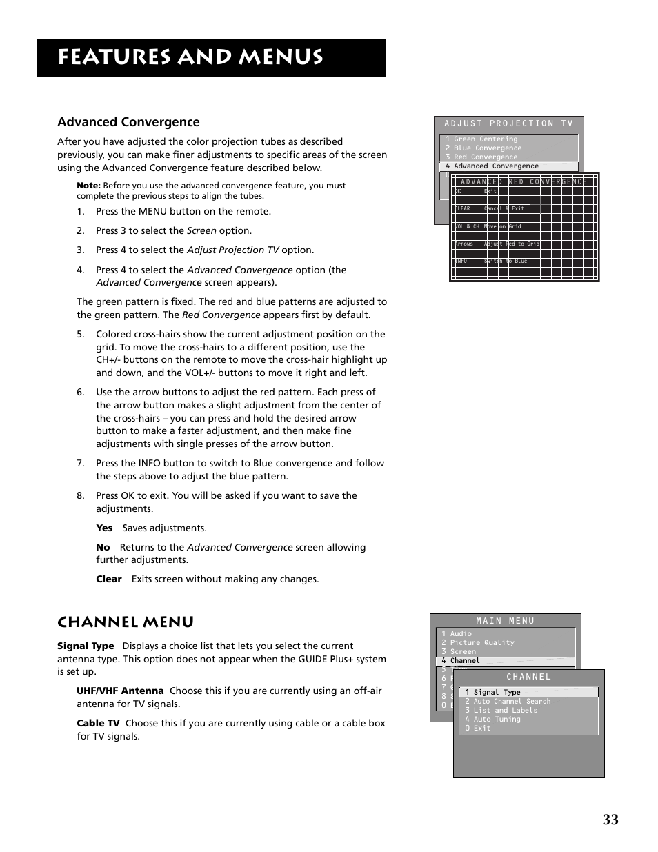 Features and menus, Channel menu, Advanced convergence | RCA P52936 User Manual | Page 35 / 64