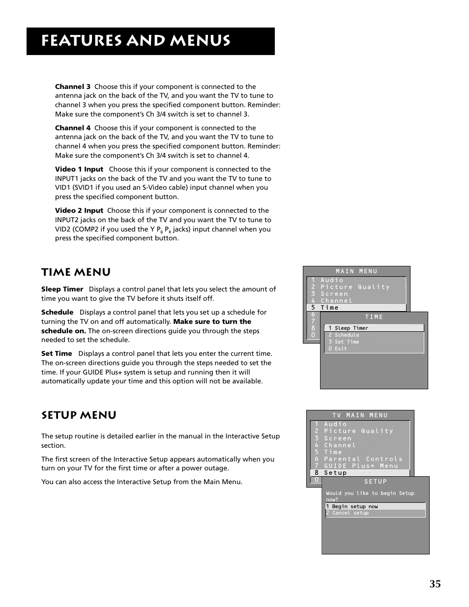 Features and menus, Time menu, Setup menu | RCA P52936 User Manual | Page 37 / 64