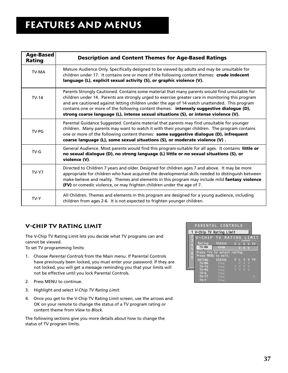 Features and menus, V-chip tv rating limit, Age-based rating | RCA P52936 User Manual | Page 39 / 64