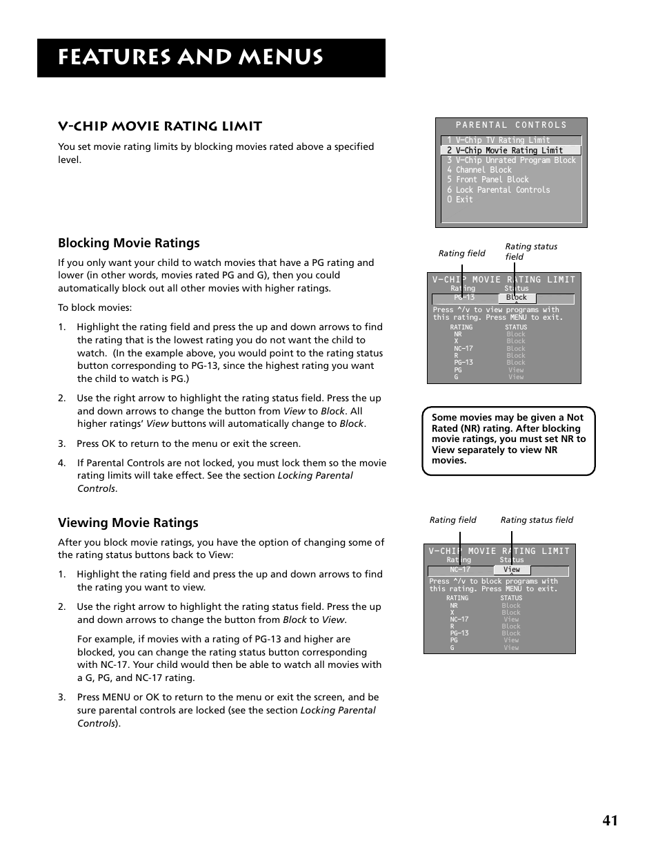 Features and menus, V-chip movie rating limit, Blocking movie ratings | Viewing movie ratings | RCA P52936 User Manual | Page 43 / 64