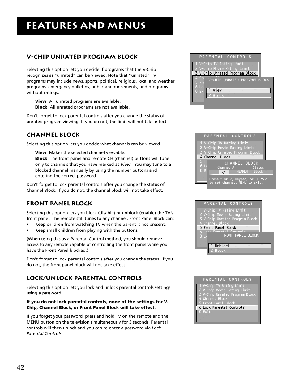 Features and menus, V-chip unrated program block, Channel block | Front panel block, Lock/unlock parental controls | RCA P52936 User Manual | Page 44 / 64