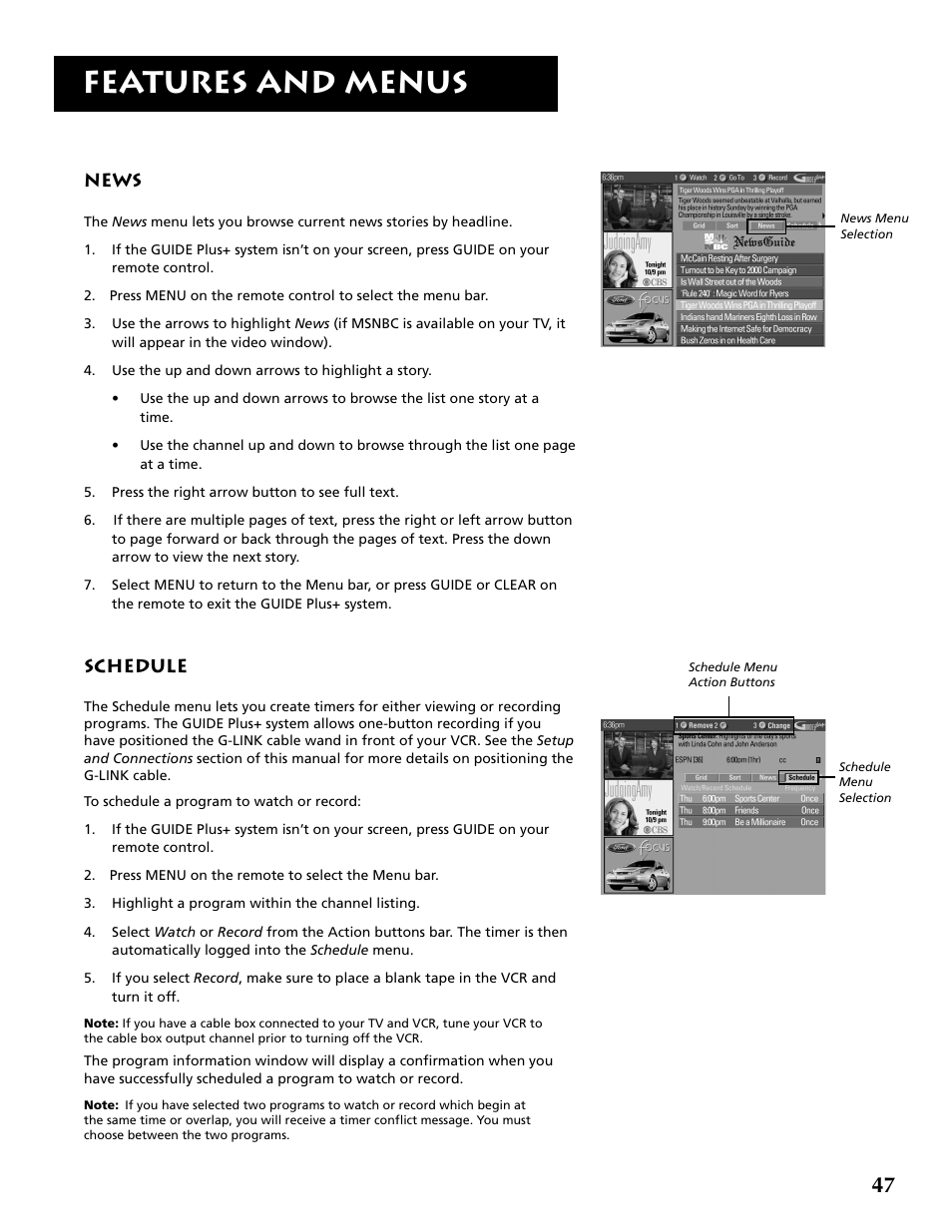 Features and menus, News, Schedule | RCA P52936 User Manual | Page 49 / 64