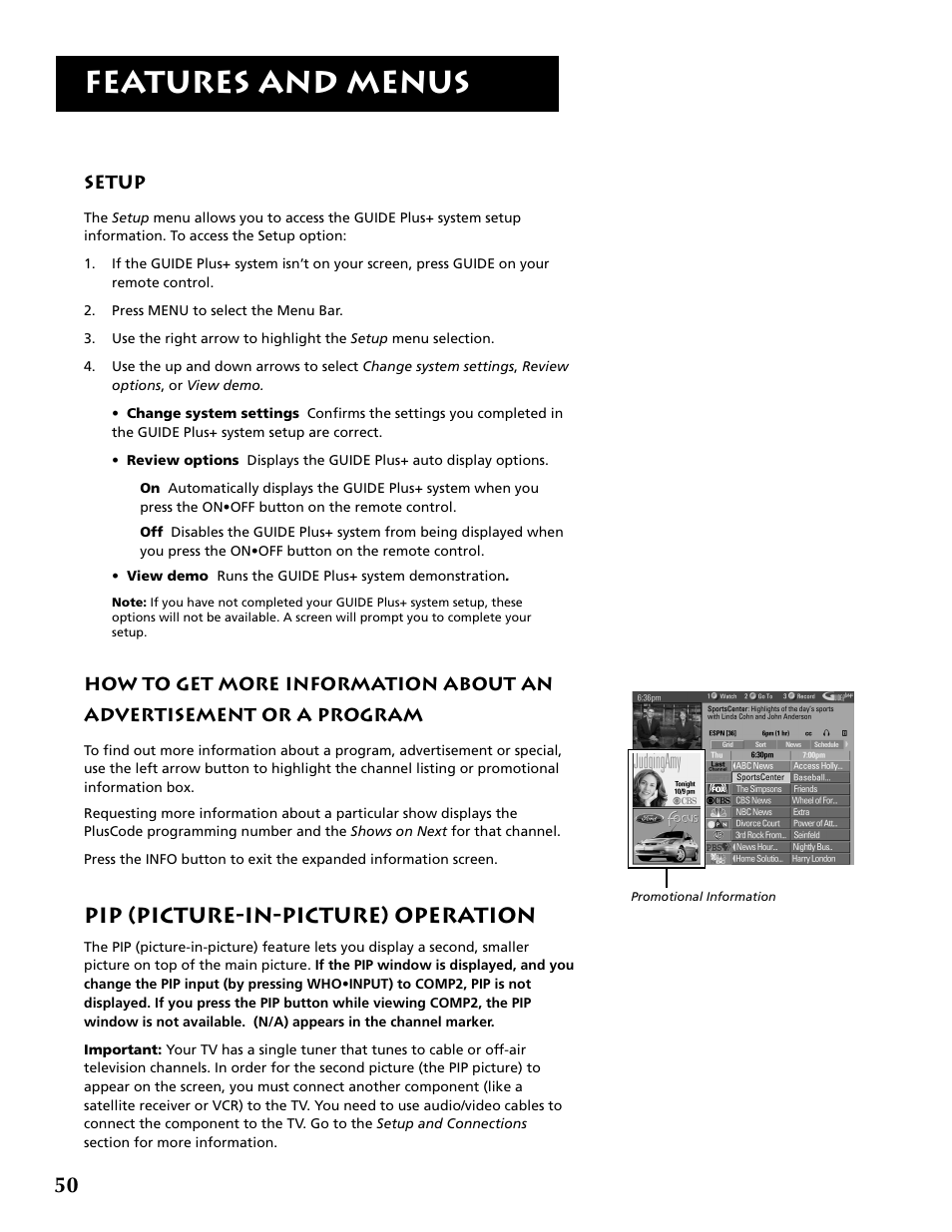 Features and menus, Pip (picture-in-picture) operation | RCA P52936 User Manual | Page 52 / 64