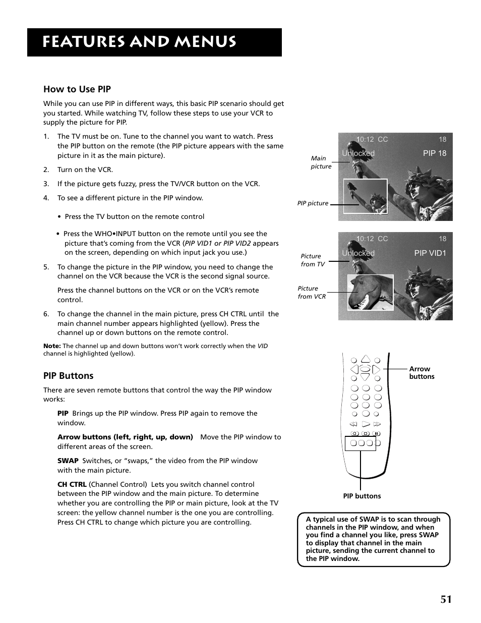 Features and menus, How to use pip, Pip buttons | RCA P52936 User Manual | Page 53 / 64