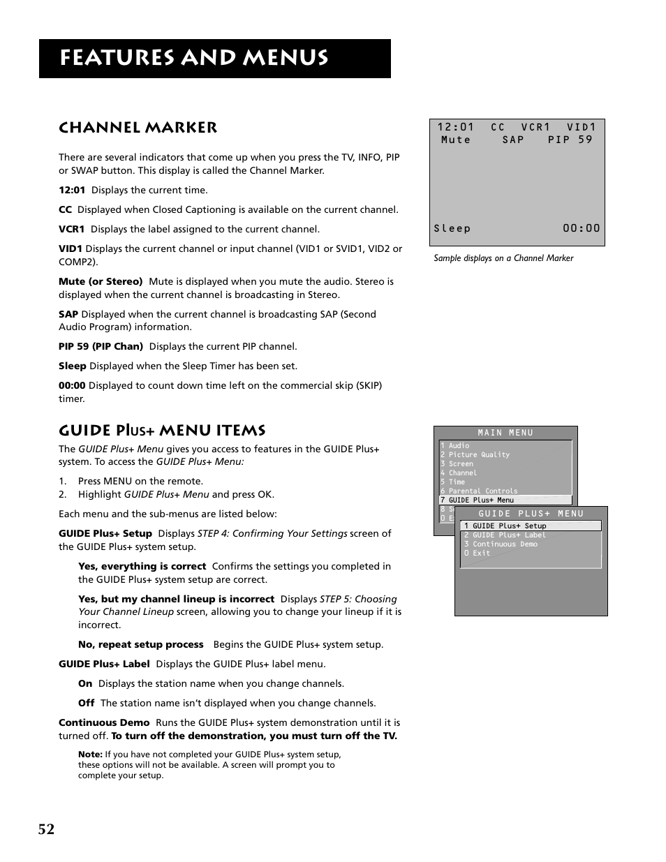 Features and menus, Channel marker, Guide p | Menu items | RCA P52936 User Manual | Page 54 / 64