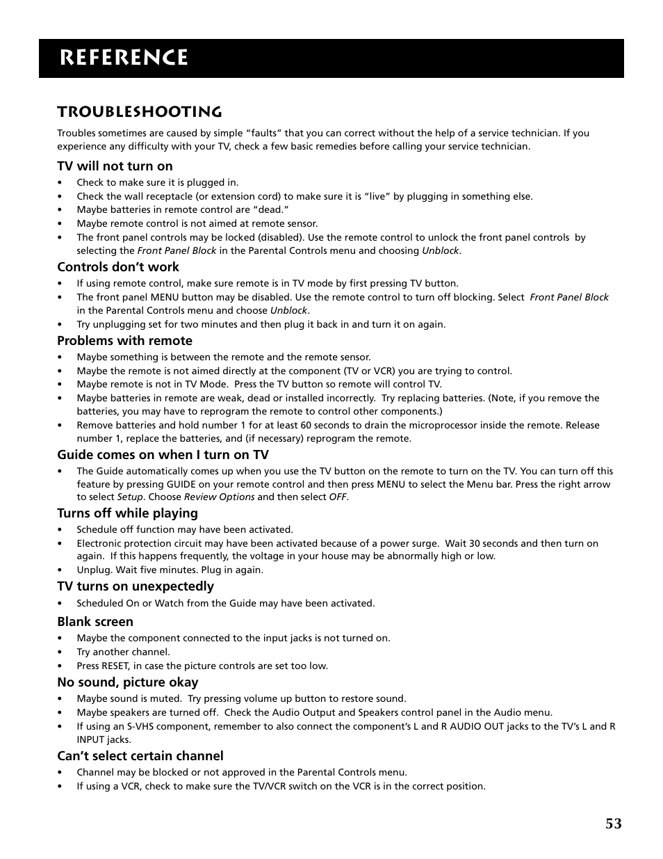 Reference, Troubleshooting | RCA P52936 User Manual | Page 55 / 64