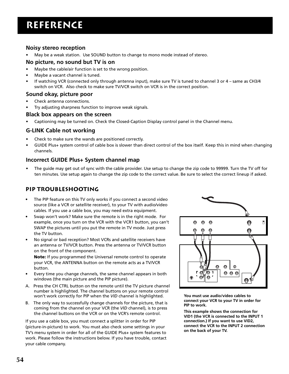 Reference, Noisy stereo reception, No picture, no sound but tv is on | Sound okay, picture poor, Black box appears on the screen, G-link cable not working, Incorrect guide plus+ system channel map, Pip troubleshooting | RCA P52936 User Manual | Page 56 / 64