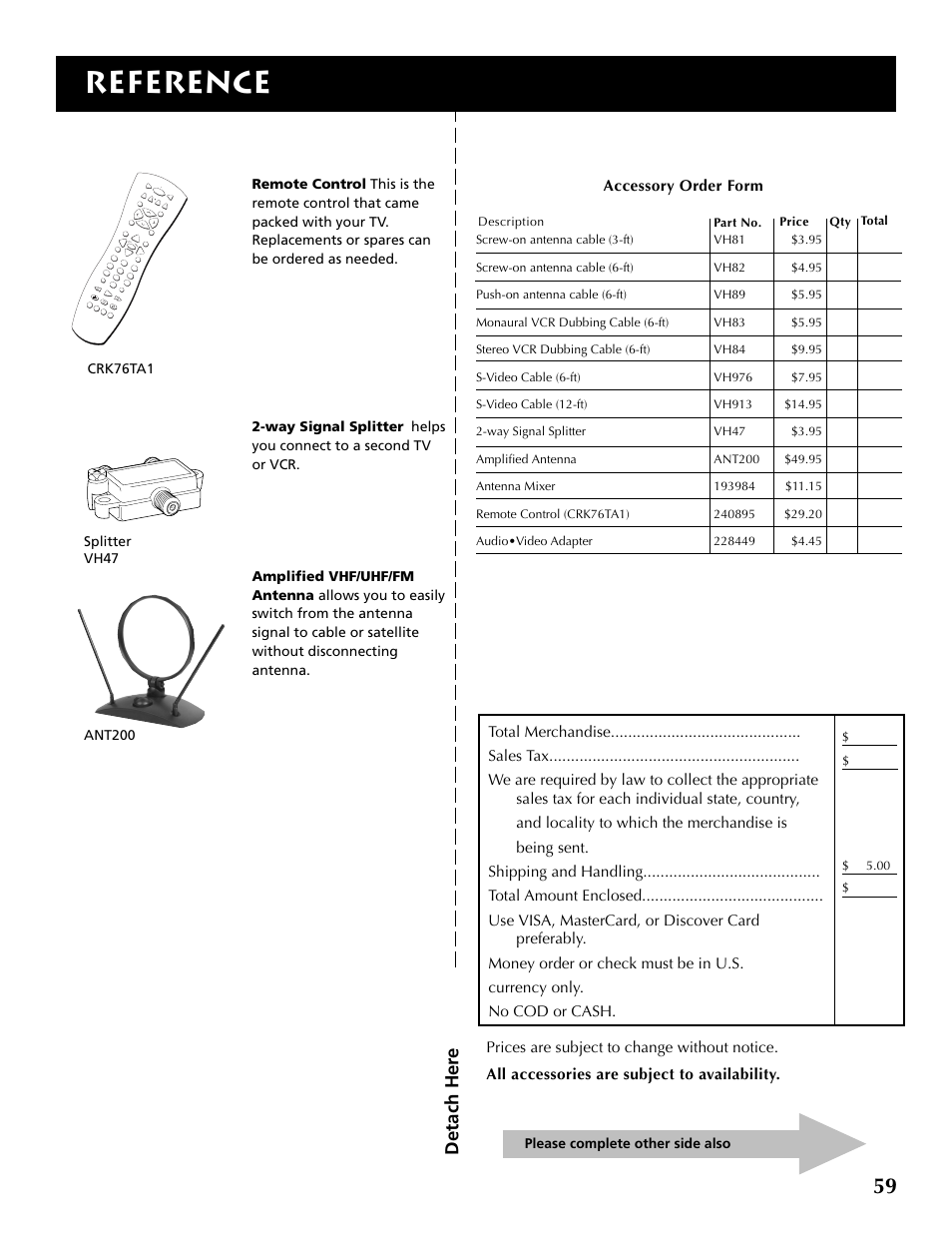 Reference, Detach her e, Accessory order form | Please complete other side also, Crk76ta1 | RCA P52936 User Manual | Page 61 / 64
