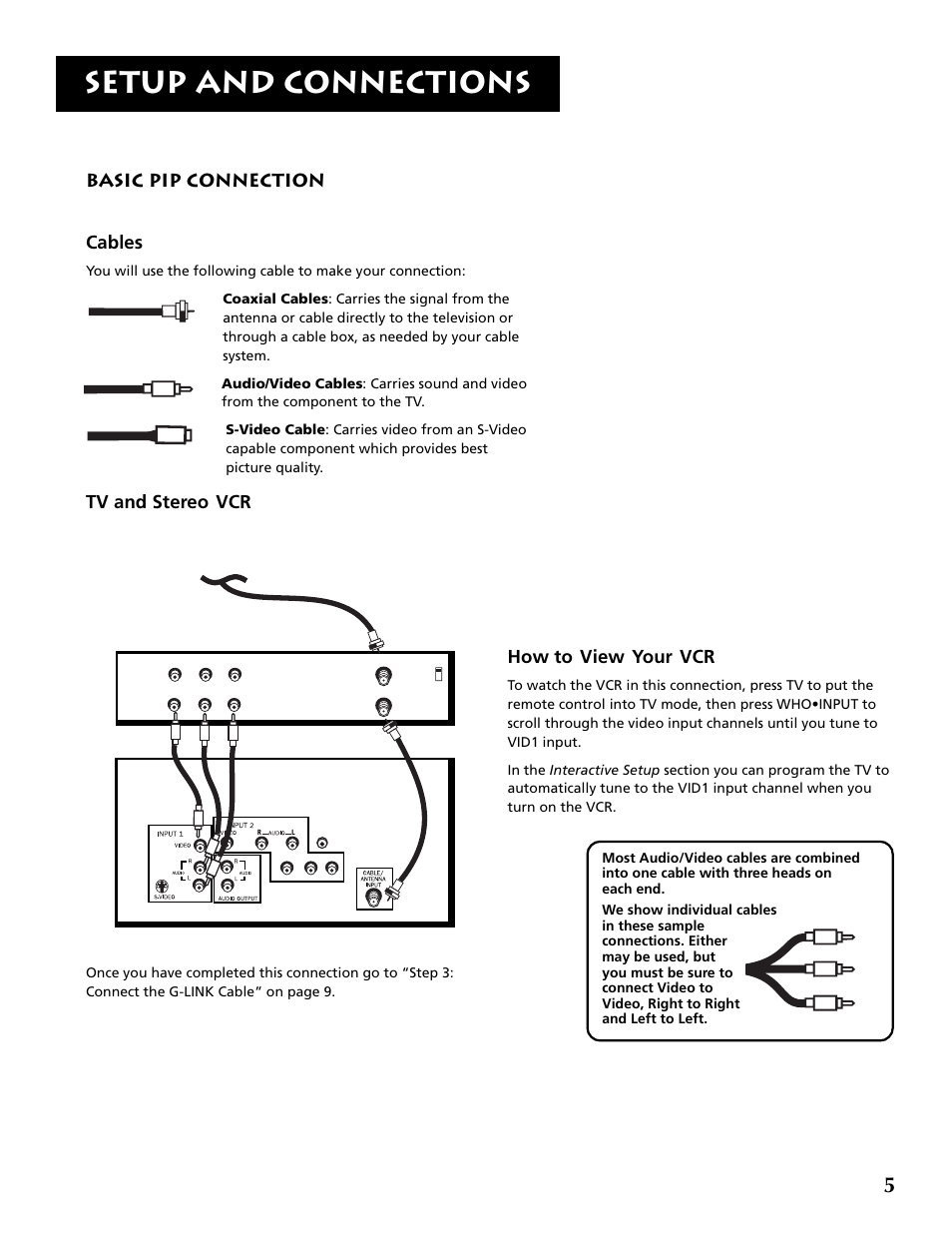 Setup and connections, Basic pip connection cables, Tv and stereo vcr | How to view your vcr | RCA P52936 User Manual | Page 7 / 64
