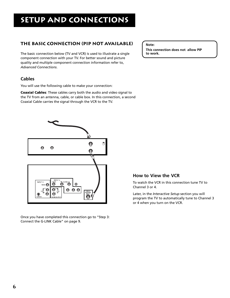 Setup and connections, The basic connection (pip not available), Cables | How to view the vcr | RCA P52936 User Manual | Page 8 / 64
