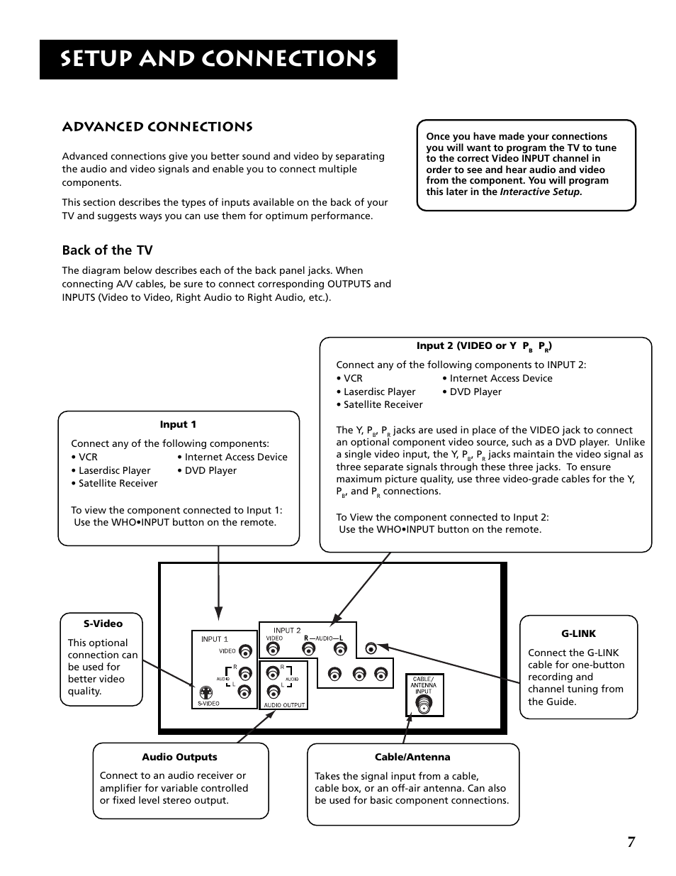 Setup and connections, Advanced connections, Back of the tv | RCA P52936 User Manual | Page 9 / 64