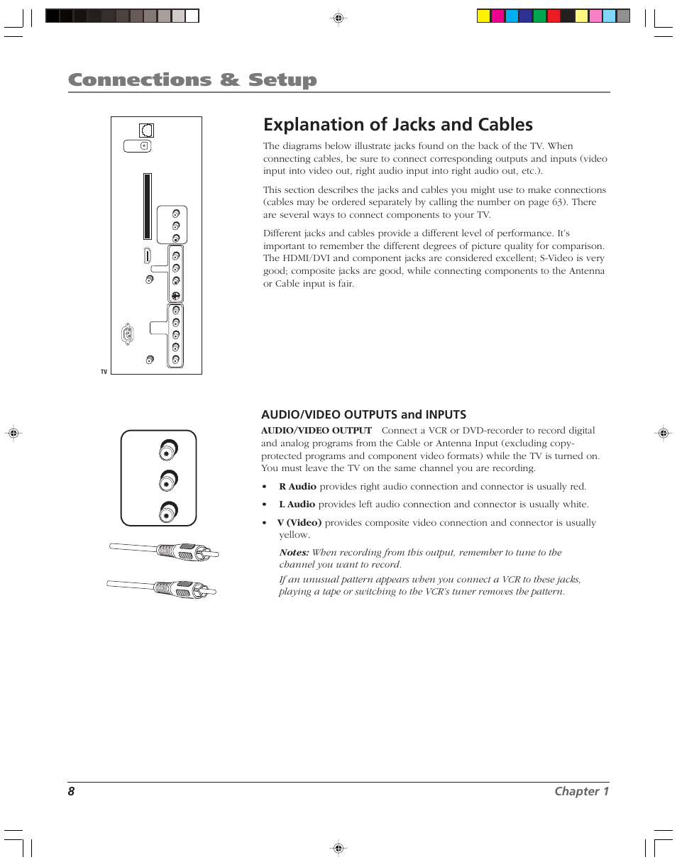 Connections & setup, Explanation of jacks and cables, 8chapter 1 | Audio/video outputs and inputs | RCA HD52W55 User Manual | Page 10 / 80