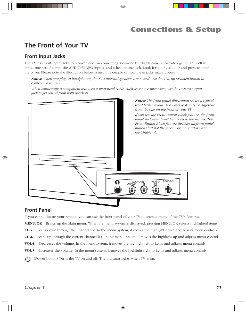 Connections & setup, The front of your tv, Front input jacks | Front panel | RCA HD52W55 User Manual | Page 13 / 80