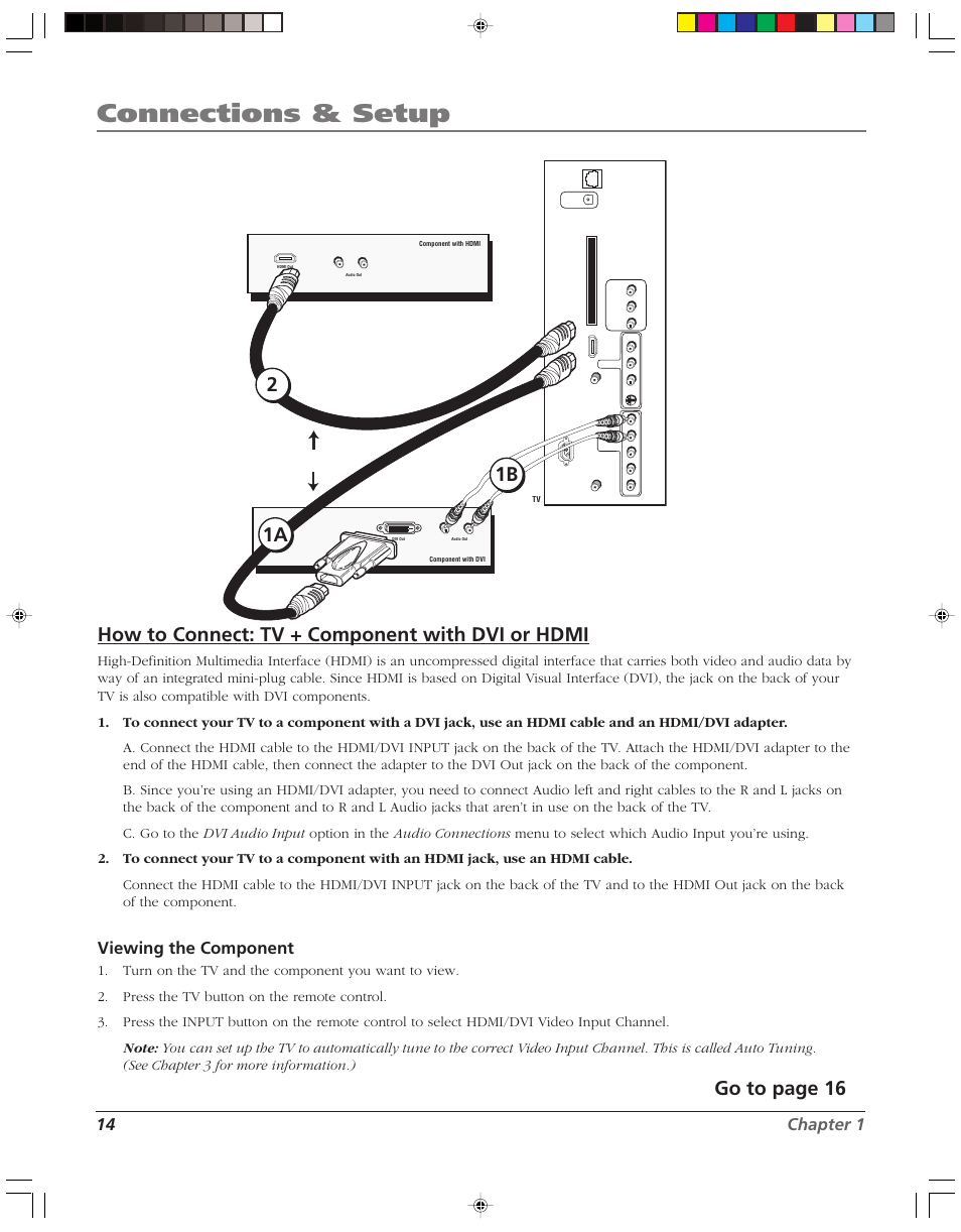 Connections & setup, How to connect: tv + component with dvi or hdmi, Go to page 16 | 1a 2 1b, 14 chapter 1, Viewing the component | RCA HD52W55 User Manual | Page 16 / 80