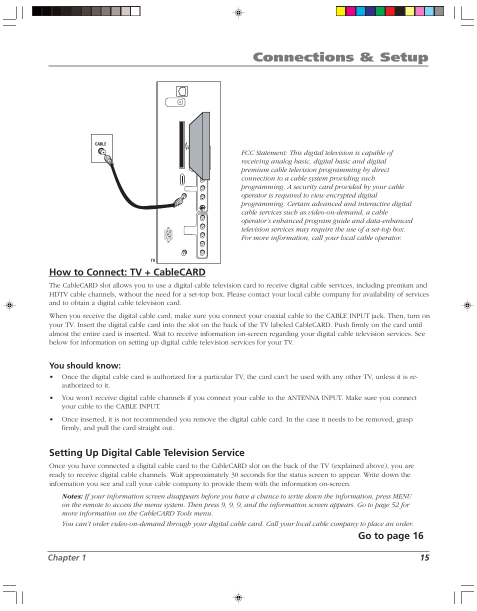 Connections & setup, How to connect: tv + cablecard, Setting up digital cable television service | Go to page 16, Chapter 1 15, You should know | RCA HD52W55 User Manual | Page 17 / 80