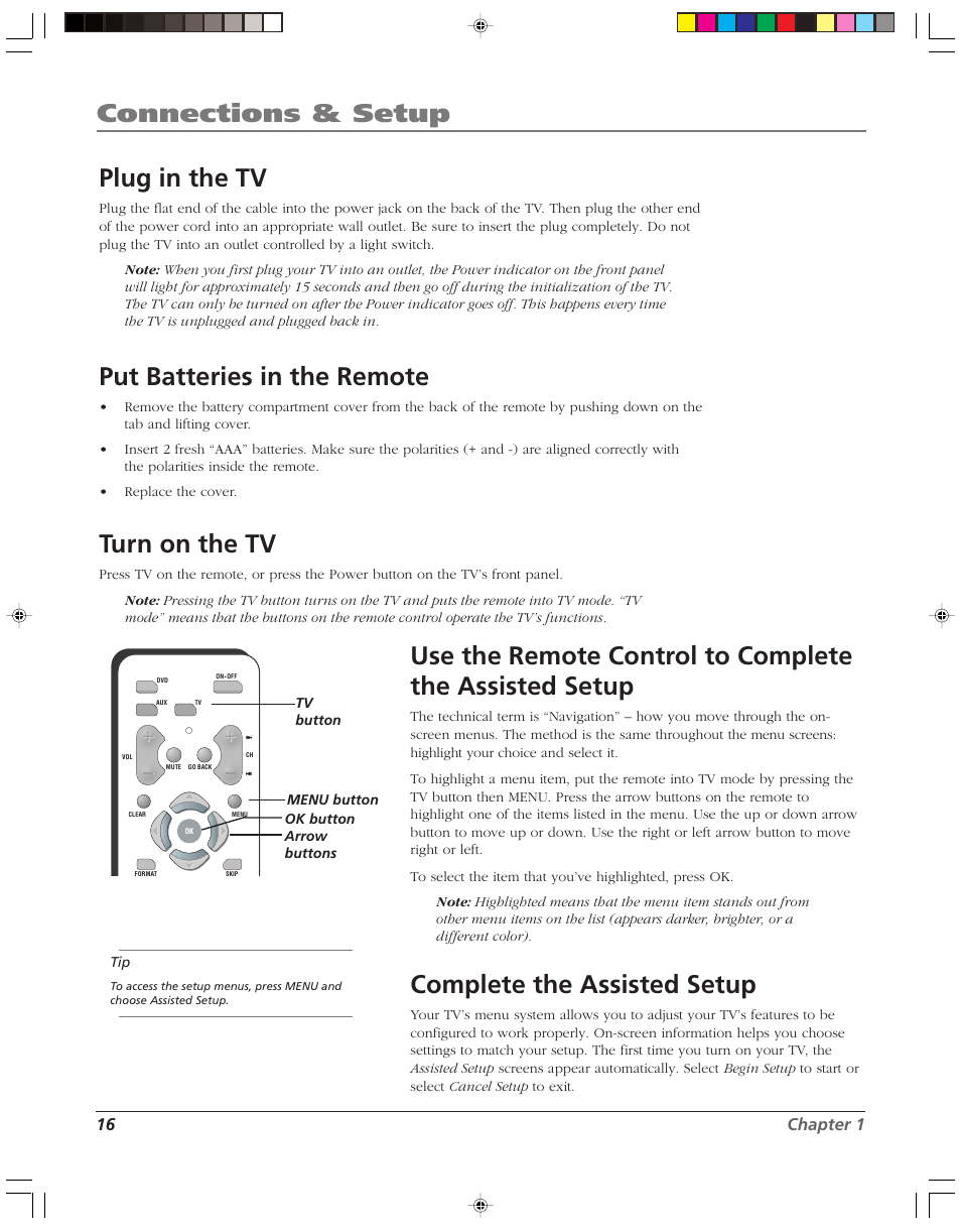 Connections & setup, Plug in the tv, Put batteries in the remote | Turn on the tv, Complete the assisted setup | RCA HD52W55 User Manual | Page 18 / 80