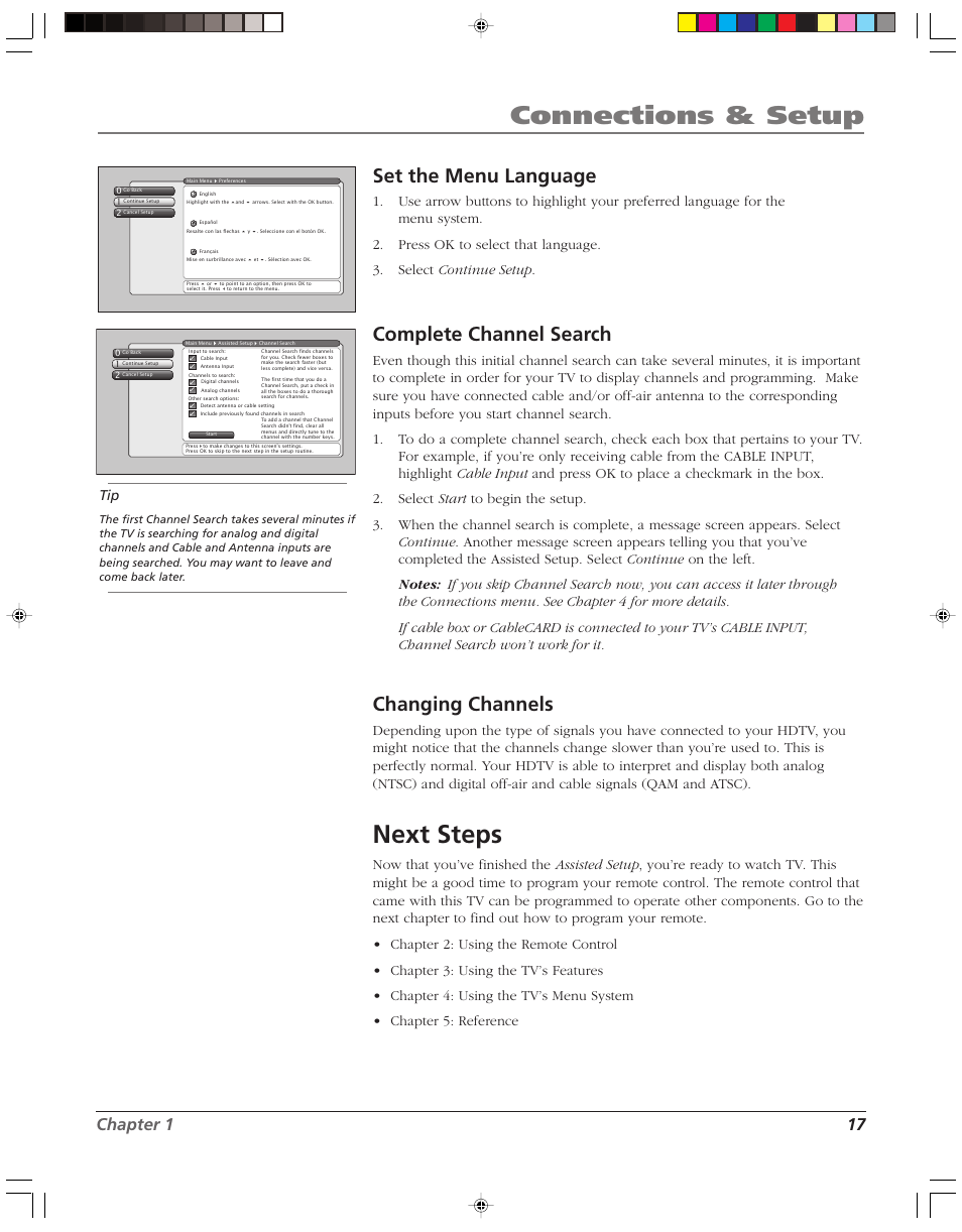 Connections & setup, Next steps, Set the menu language | Complete channel search, Changing channels, Chapter 1 17 | RCA HD52W55 User Manual | Page 19 / 80