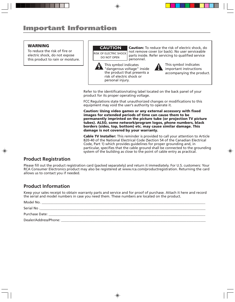 Important information, Product registration, Product information | RCA HD52W55 User Manual | Page 2 / 80