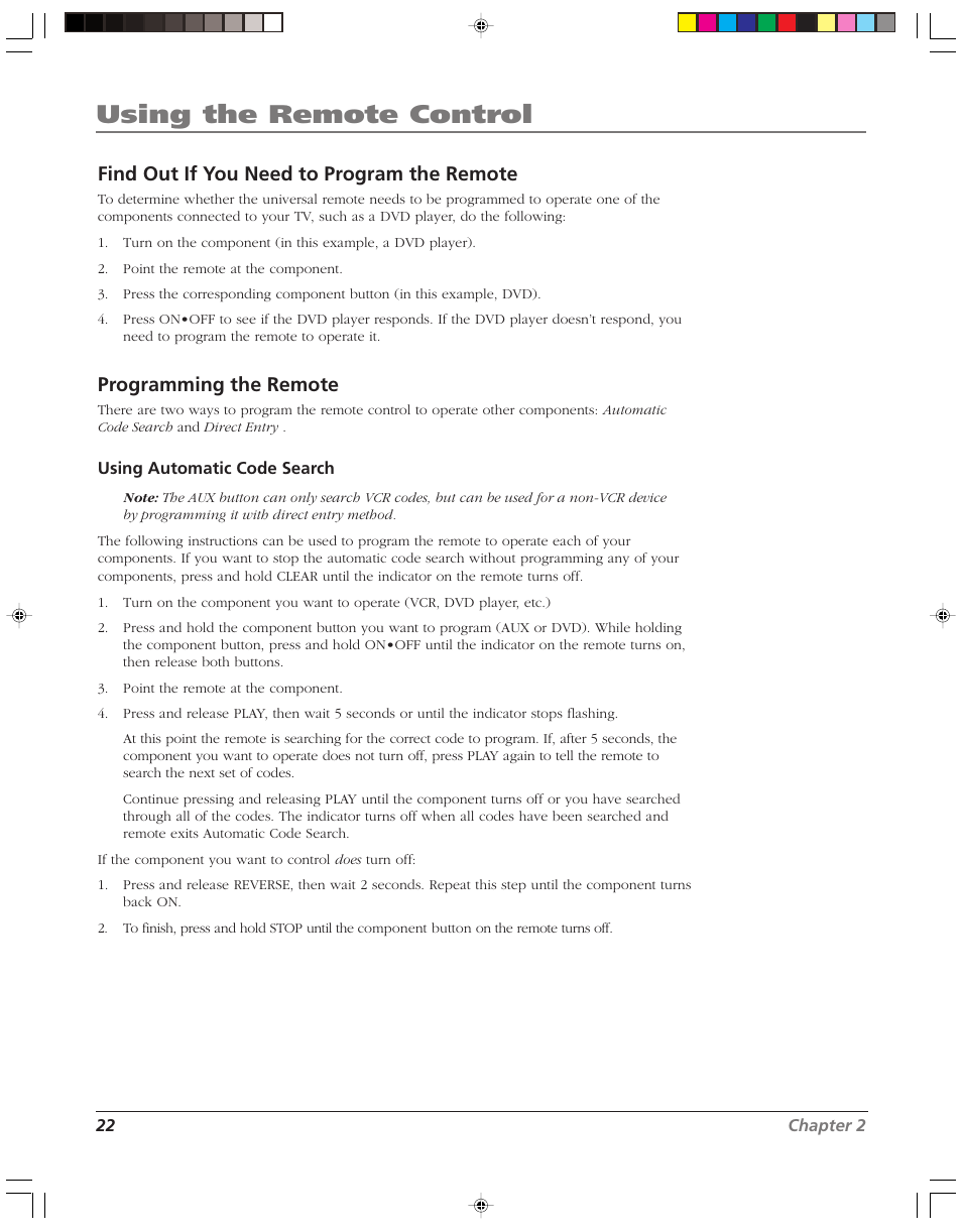 Using the remote control, Find out if you need to program the remote, Programming the remote | RCA HD52W55 User Manual | Page 24 / 80