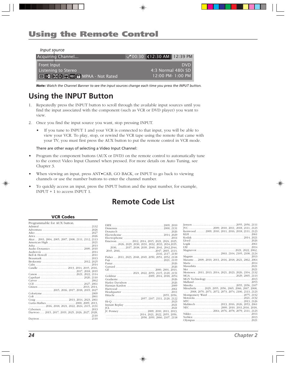 Using the remote control, Using the input button, Remote code list | 24 chapter 2 | RCA HD52W55 User Manual | Page 26 / 80