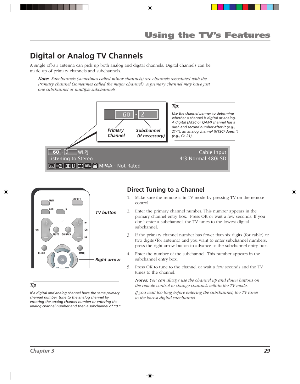 Using the tv’s features, Digital or analog tv channels, Direct tuning to a channel | RCA HD52W55 User Manual | Page 31 / 80