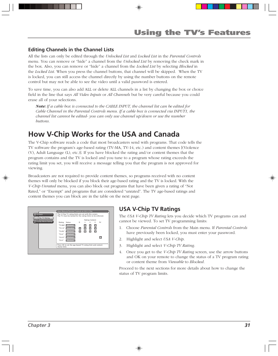 Using the tv’s features, How v-chip works for the usa and canada, Usa v-chip tv ratings | Chapter 3 31 editing channels in the channel lists | RCA HD52W55 User Manual | Page 33 / 80