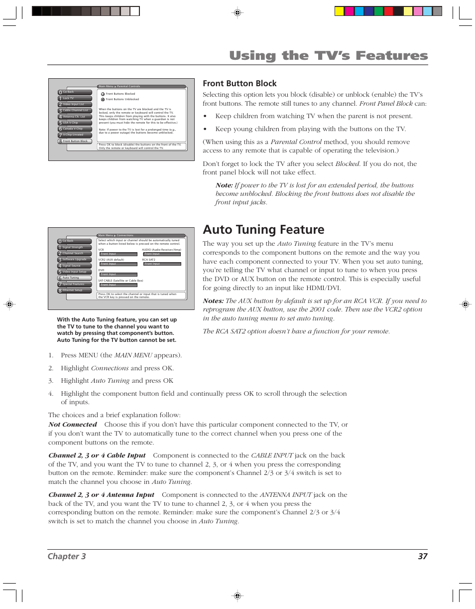 Using the tv’s features, Auto tuning feature, Chapter 3 37 front button block | RCA HD52W55 User Manual | Page 39 / 80