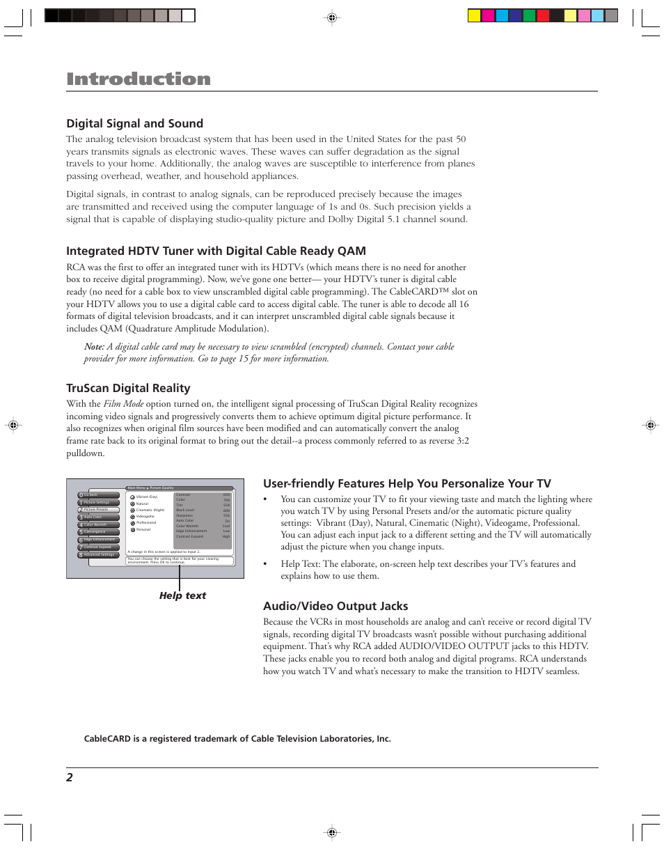 Introduction, Digital signal and sound, Integrated hdtv tuner with digital cable ready qam | Truscan digital reality, Audio/video output jacks, Help text | RCA HD52W55 User Manual | Page 4 / 80