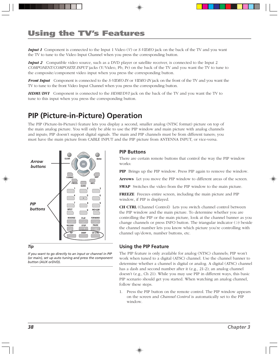 Using the tv’s features, Pip (picture-in-picture) operation, 38 chapter 3 | Pip buttons, Using the pip feature | RCA HD52W55 User Manual | Page 40 / 80