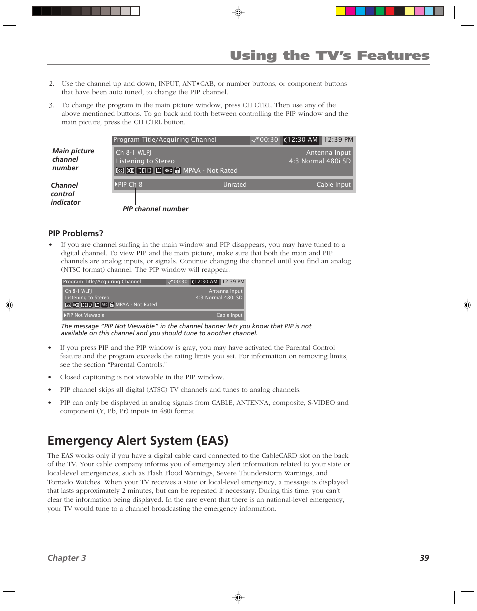 Using the tv’s features, Emergency alert system (eas) | RCA HD52W55 User Manual | Page 41 / 80