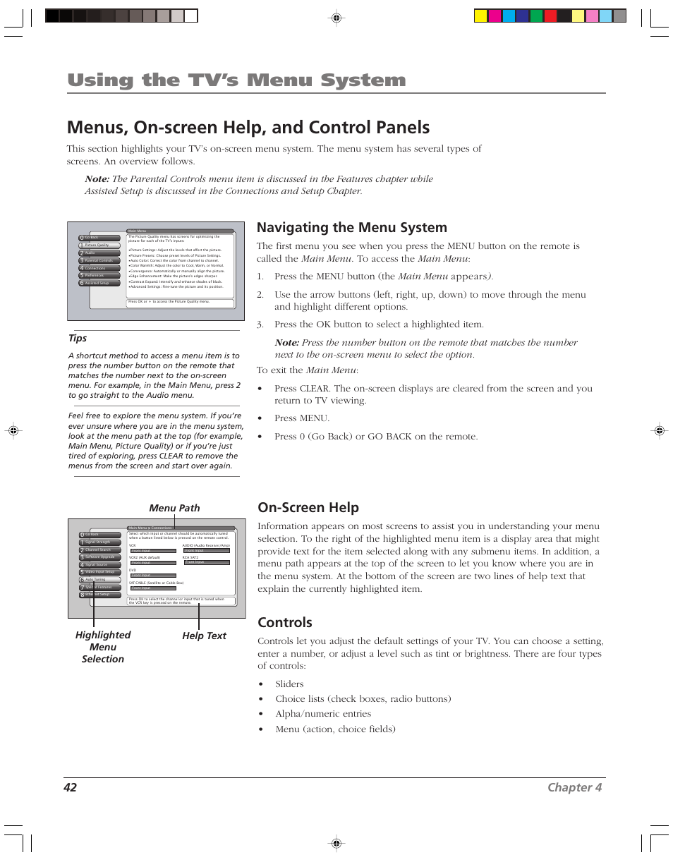 Using the tv’s menu system, Menus, on-screen help, and control panels, Navigating the menu system | On-screen help, Controls, 42 chapter 4, Tips, Menu path help text highlighted menu selection | RCA HD52W55 User Manual | Page 44 / 80
