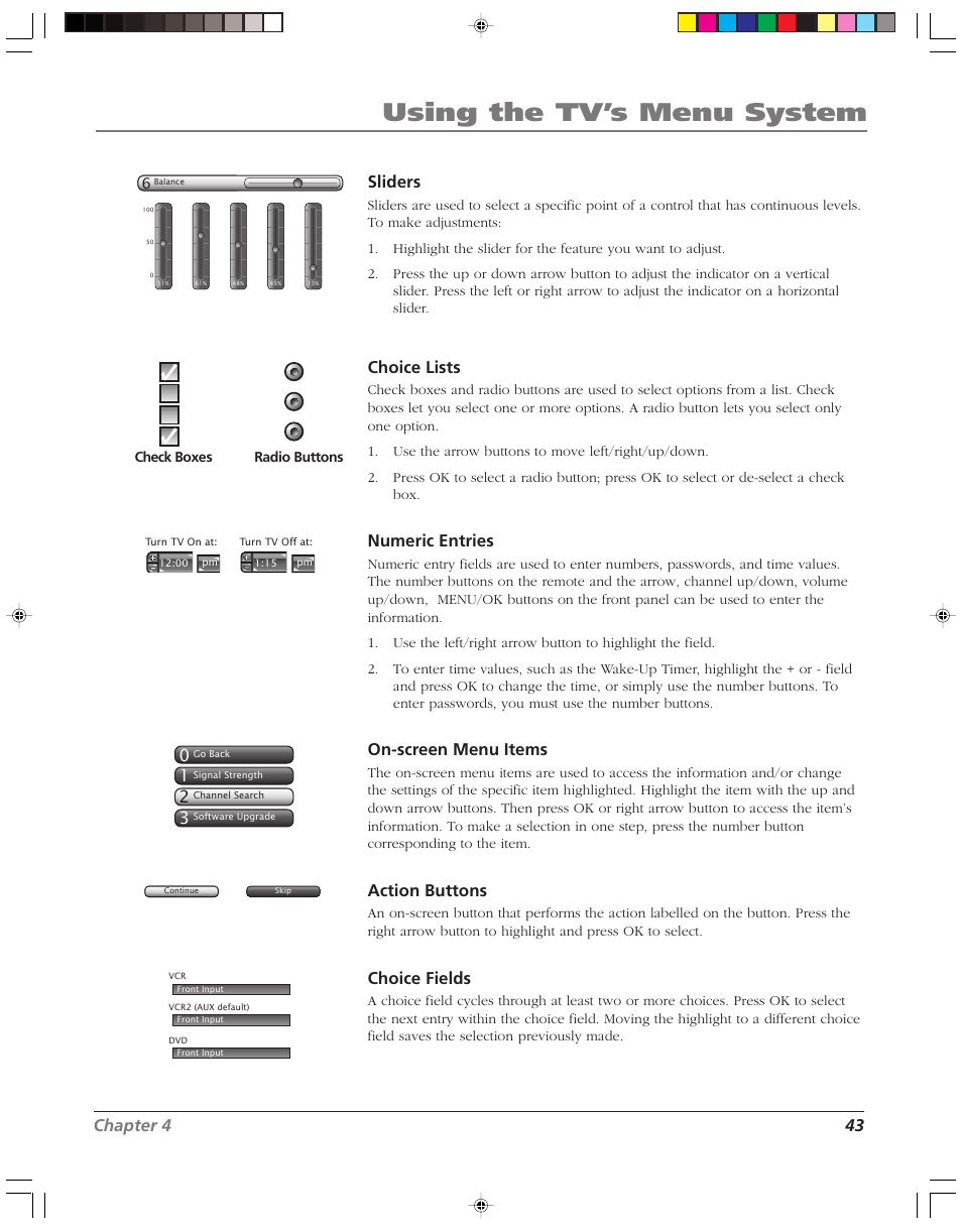 Using the tv’s menu system, Chapter 4 43, Sliders | Choice lists, Numeric entries, On-screen menu items, Action buttons, Choice fields | RCA HD52W55 User Manual | Page 45 / 80