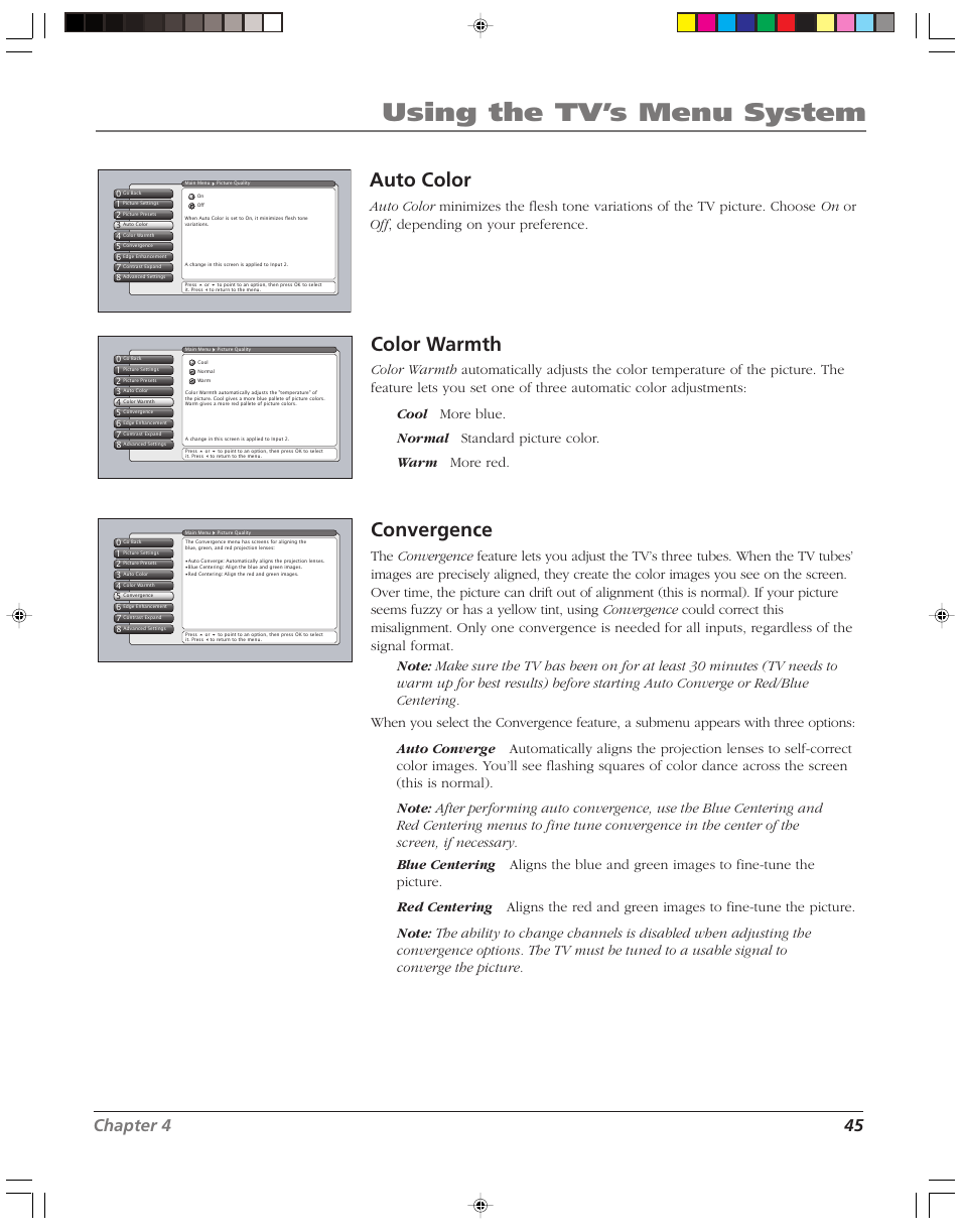 Using the tv’s menu system, Color warmth, Convergence | Auto color, Chapter 4 45 | RCA HD52W55 User Manual | Page 47 / 80