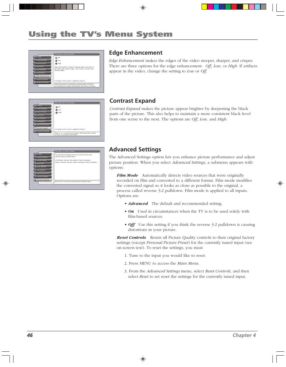 Using the tv’s menu system, Edge enhancement, Contrast expand | Advanced settings, 46 chapter 4 | RCA HD52W55 User Manual | Page 48 / 80