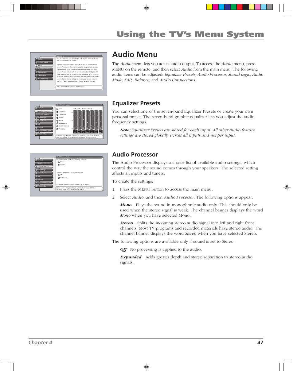 Using the tv’s menu system, Audio menu, Equalizer presets | Audio processor, Chapter 4 47 | RCA HD52W55 User Manual | Page 49 / 80