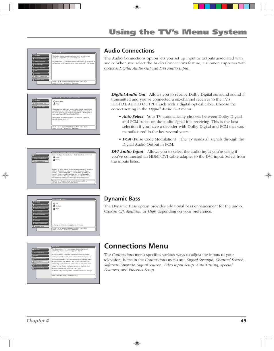 Using the tv’s menu system, Connections menu, Audio connections | Dynamic bass, Chapter 4 49 | RCA HD52W55 User Manual | Page 51 / 80