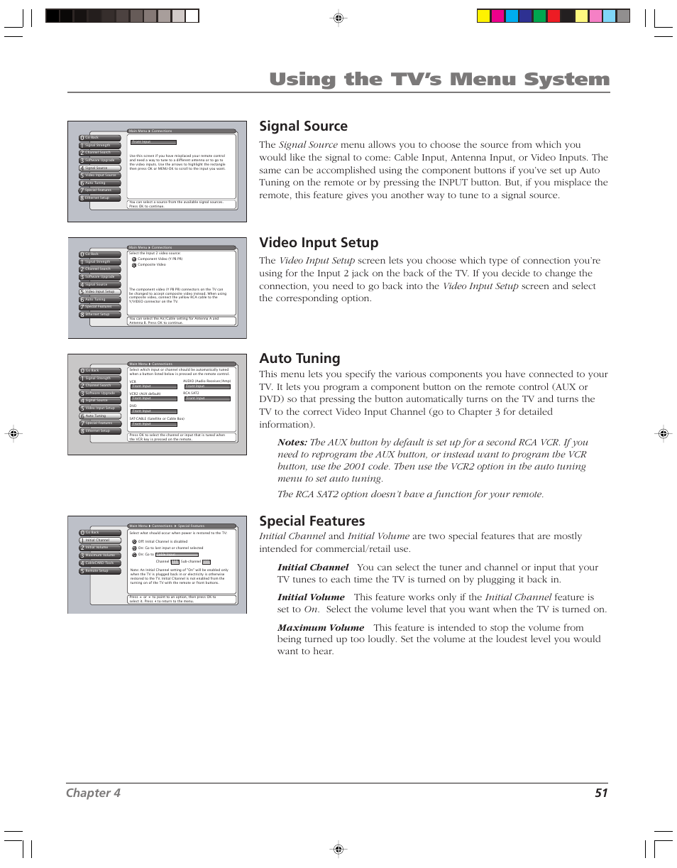 Using the tv’s menu system, Signal source, Video input setup | Auto tuning, Special features, Chapter 4 51 | RCA HD52W55 User Manual | Page 53 / 80
