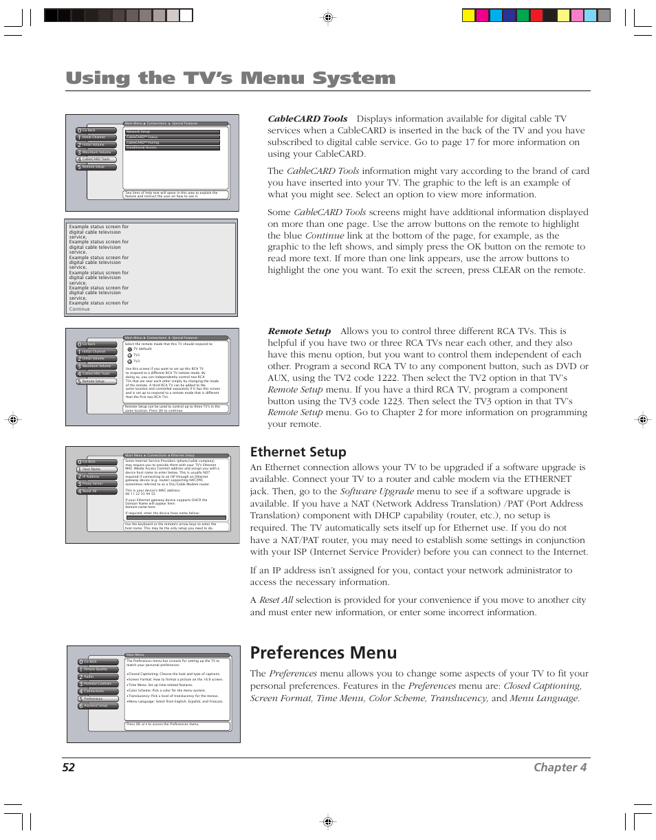 Using the tv’s menu system, Preferences menu, Ethernet setup | 52 chapter 4 | RCA HD52W55 User Manual | Page 54 / 80